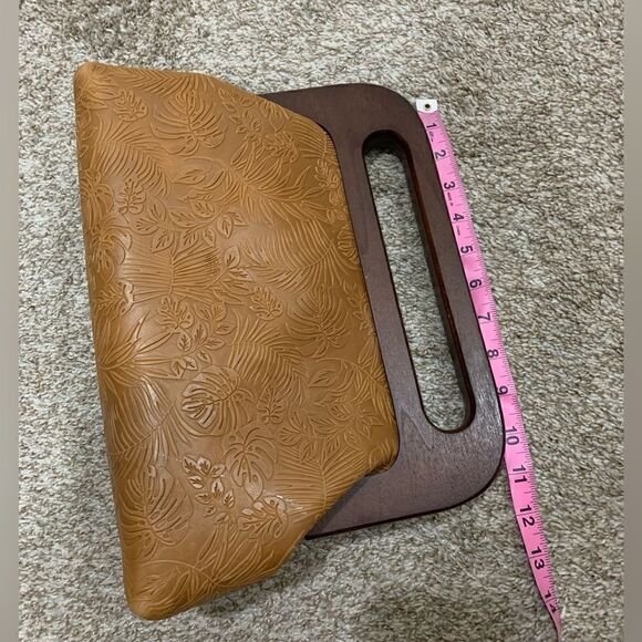Handmade Genuine Leather Embossed Leaves Large Wood Frame Bag/Crossbody - Picture 15 of 16